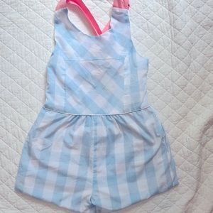 Ruthie romper blue gingham and pink adjustable straps